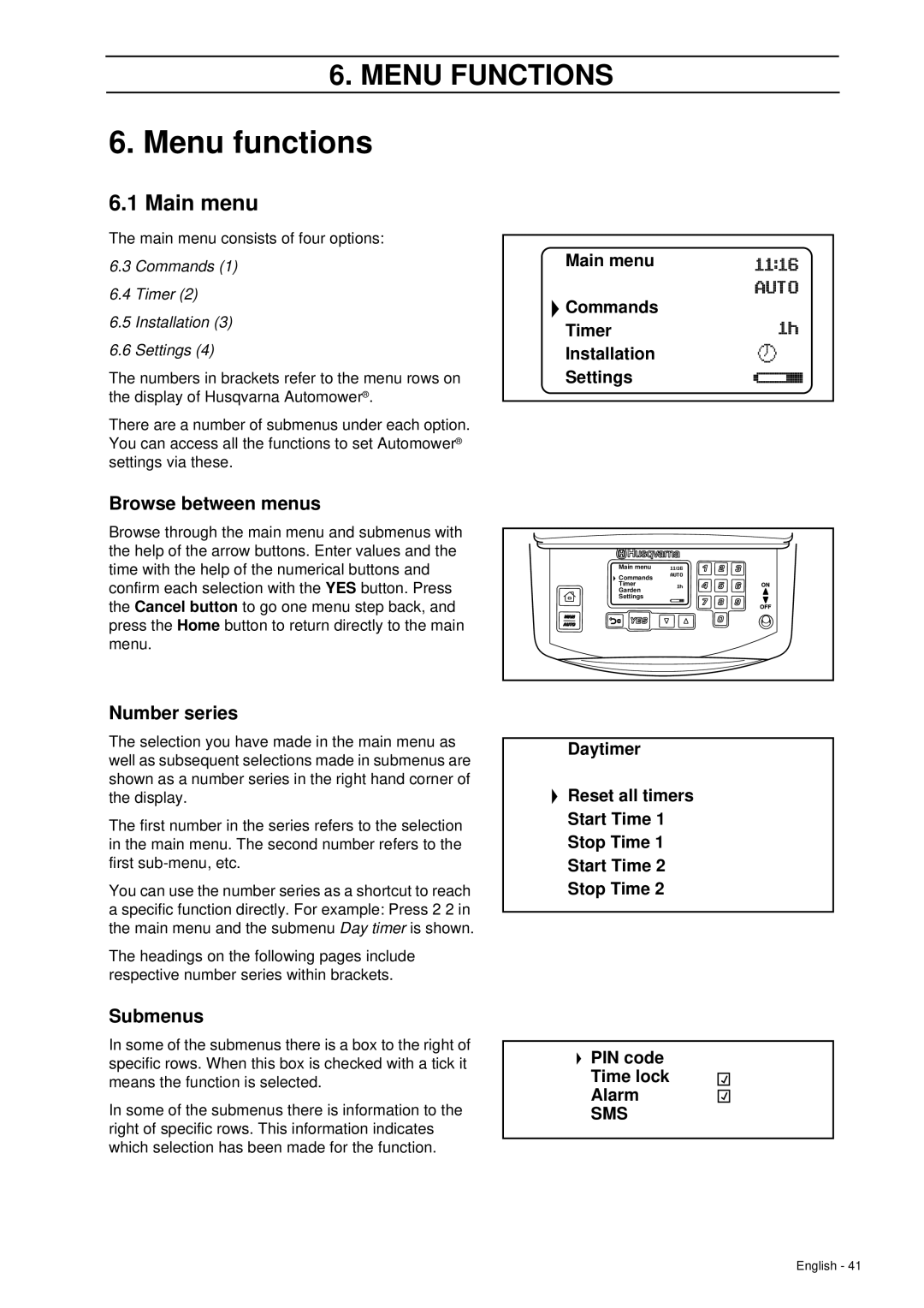 Husqvarna 260 ACX manual Menu functions, Main menu, Browse between menus, Number series, Submenus 