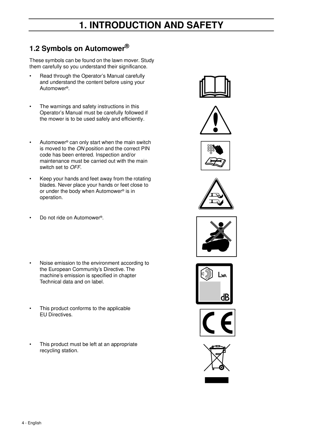 Husqvarna 260 ACX manual Symbols on Automower 