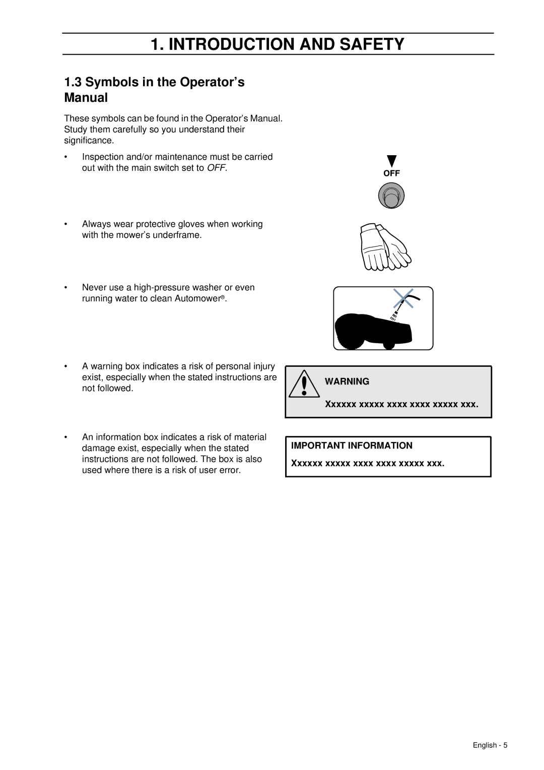 Husqvarna 260 ACX manual Symbols in the Operator’s Manual, Xxxxxx xxxxx xxxx xxxx xxxxx 