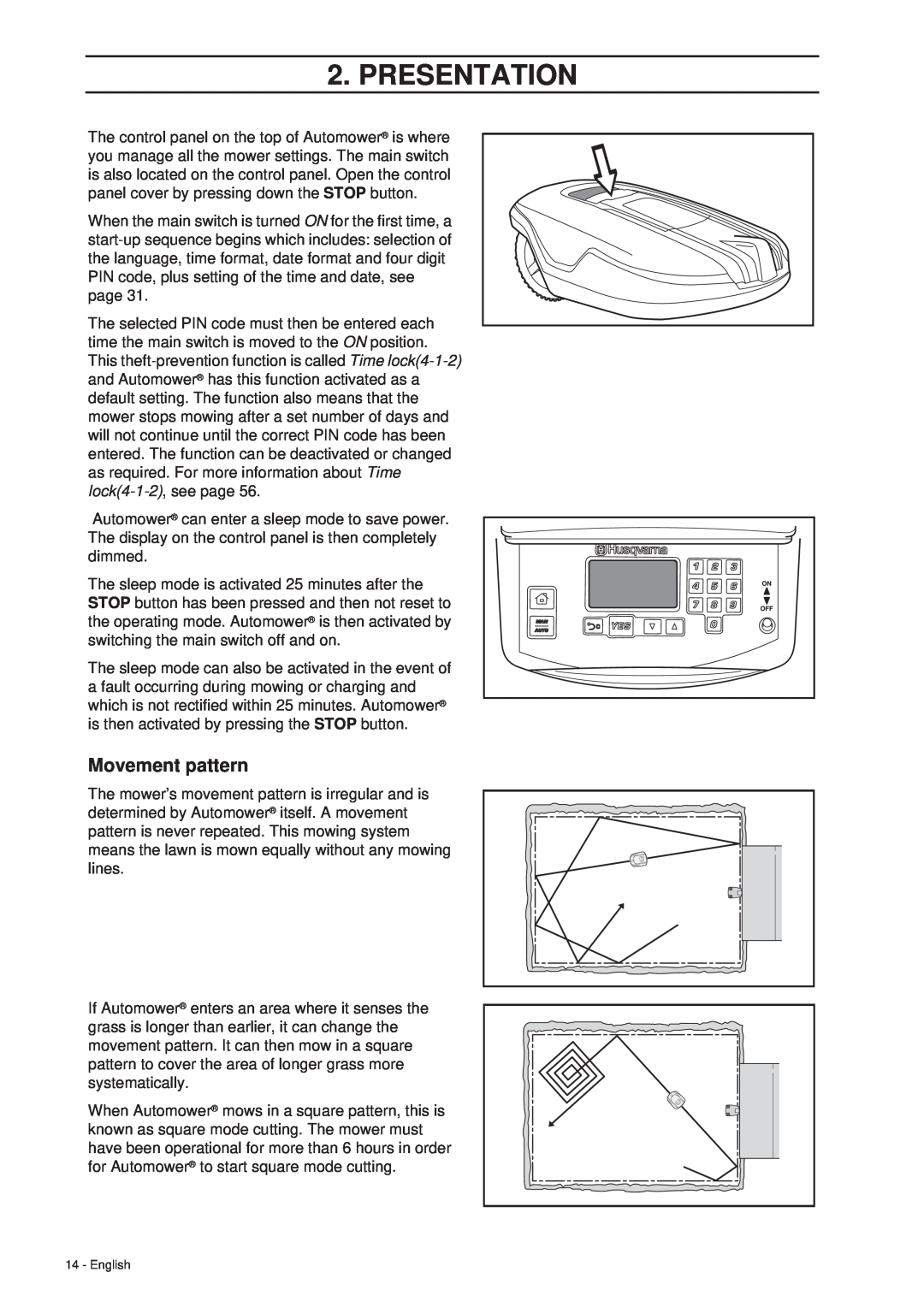 Husqvarna 260 ACX manual Movement pattern, Presentation, English 