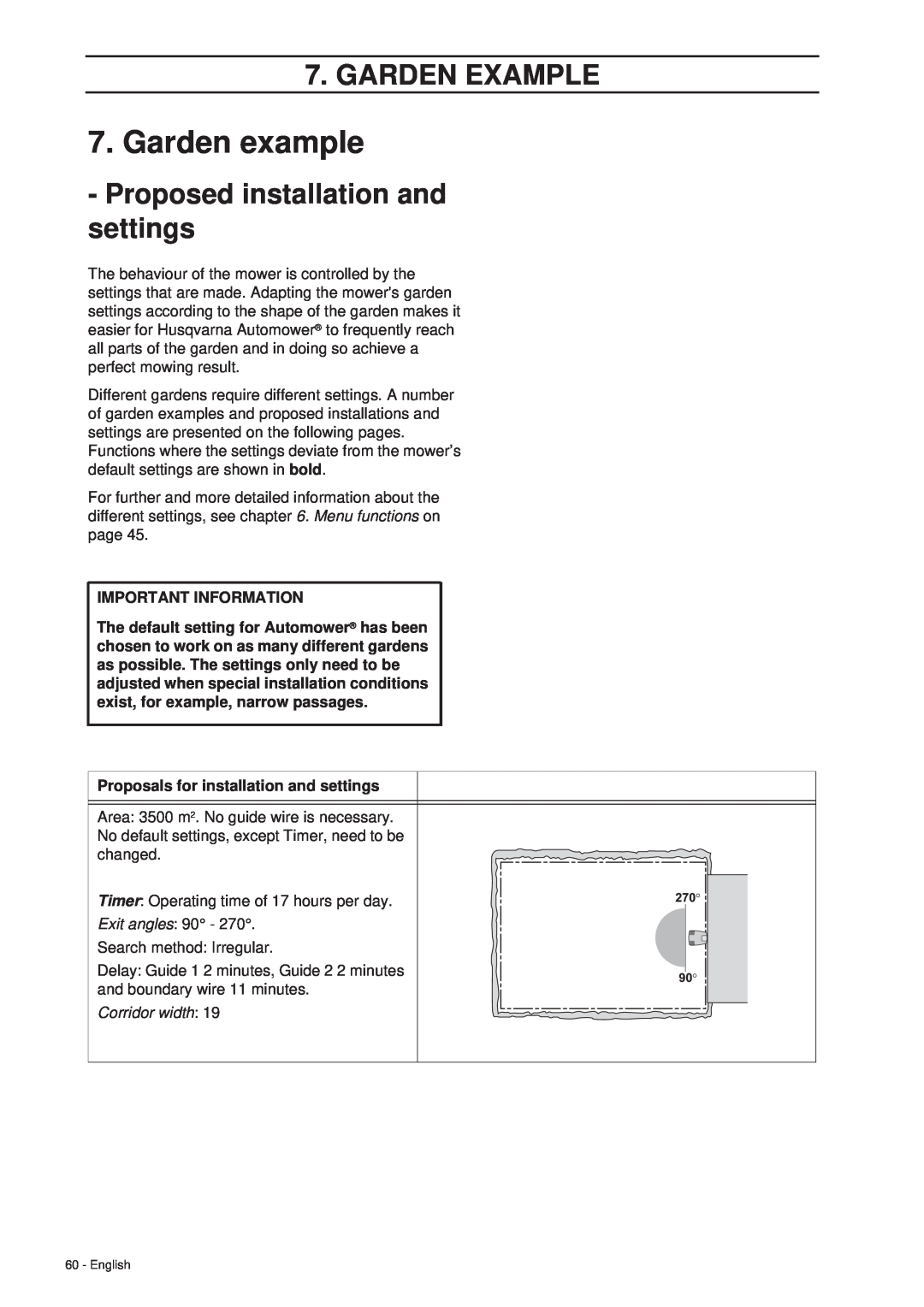 Husqvarna 260 ACX manual Garden example, Garden Example, Proposals for installation and settings, Important Information 