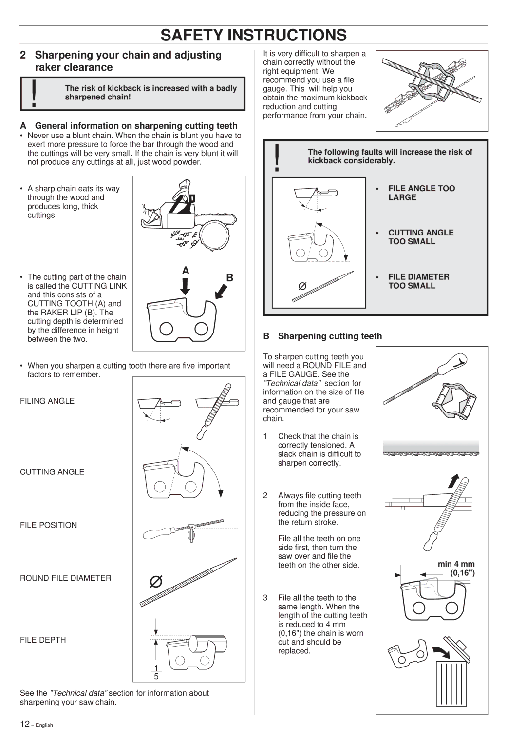 Husqvarna 261 manual Sharpening your chain and adjusting raker clearance, General information on sharpening cutting teeth 