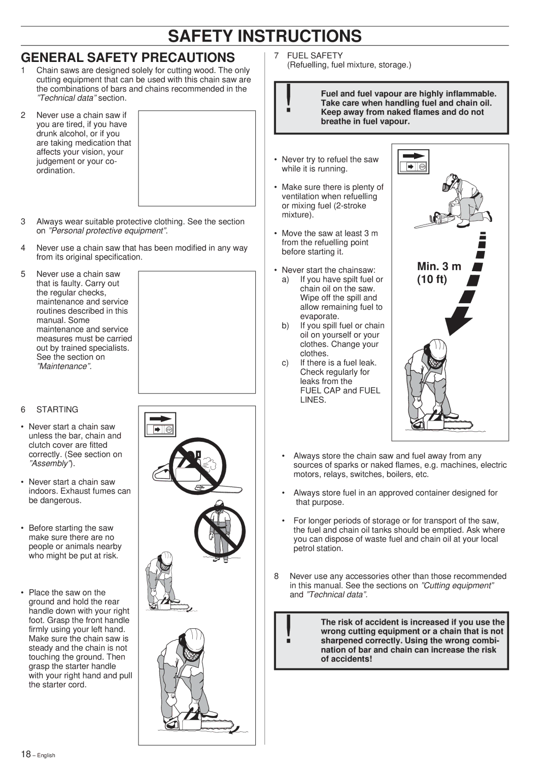 Husqvarna 261 manual General Safety Precautions, Min m, 10 ft 