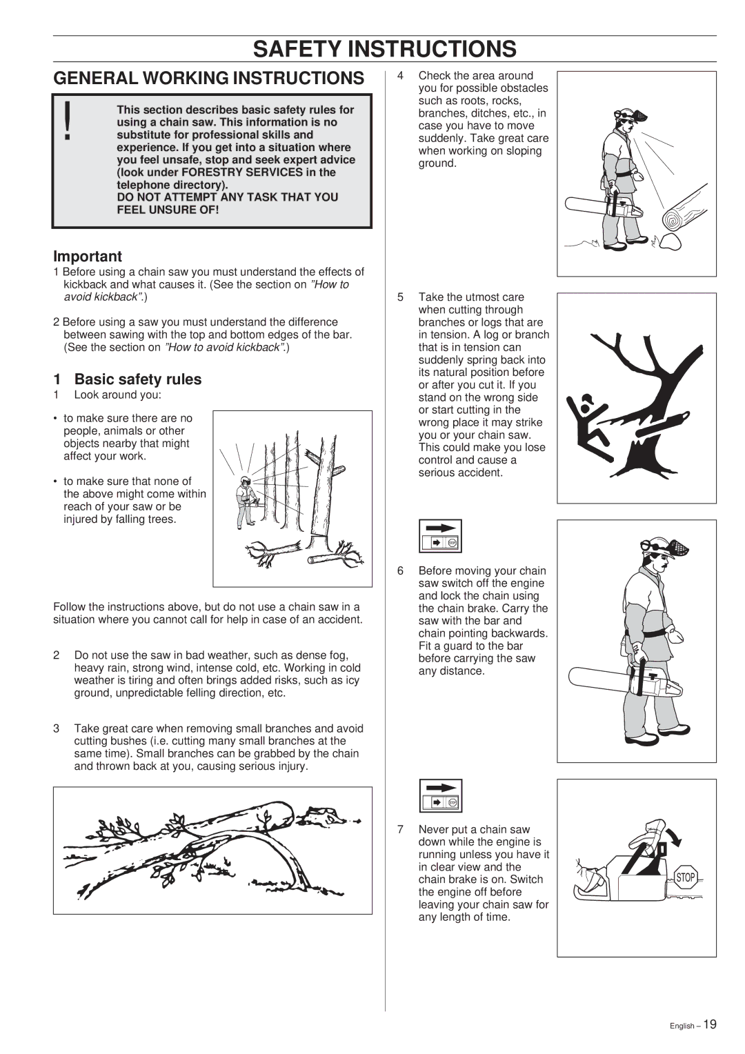 Husqvarna 261 manual General Working Instructions, Basic safety rules 