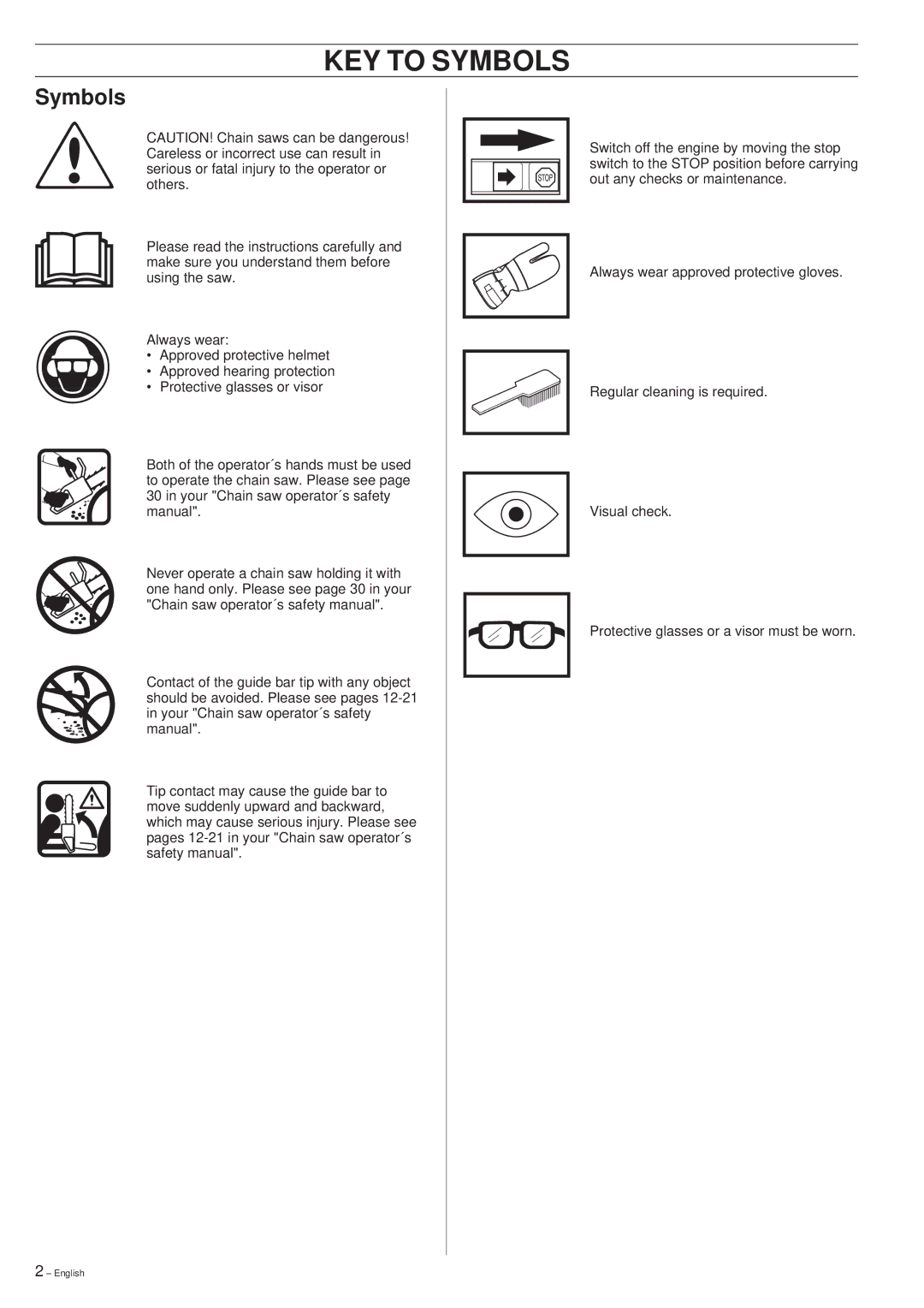 Husqvarna 261 manual KEY to Symbols 