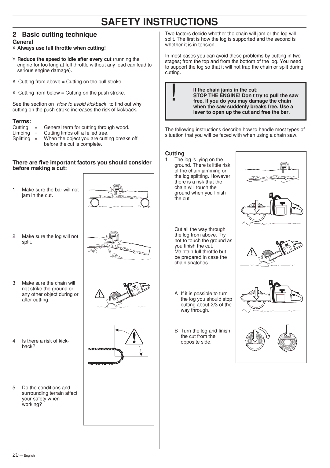 Husqvarna 261 manual Basic cutting technique, General, Terms, Cutting 