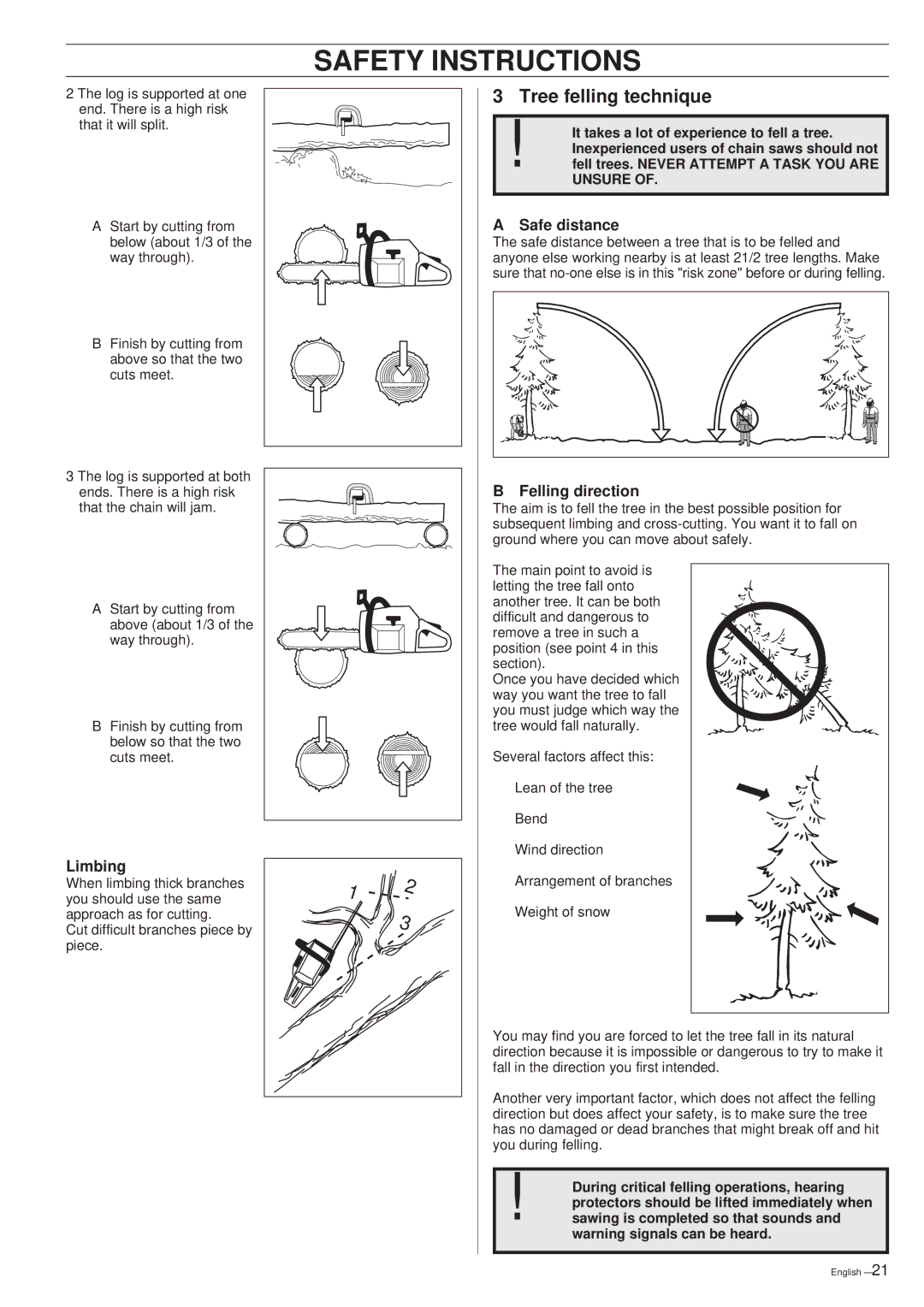 Husqvarna 261 manual Tree felling technique, Safe distance, Limbing, Felling direction 