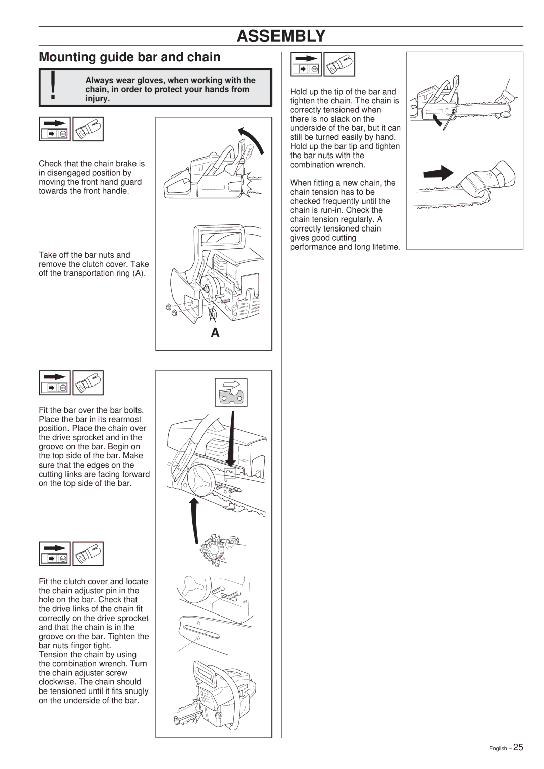 Husqvarna 261 manual Assembly, Mounting guide bar and chain 