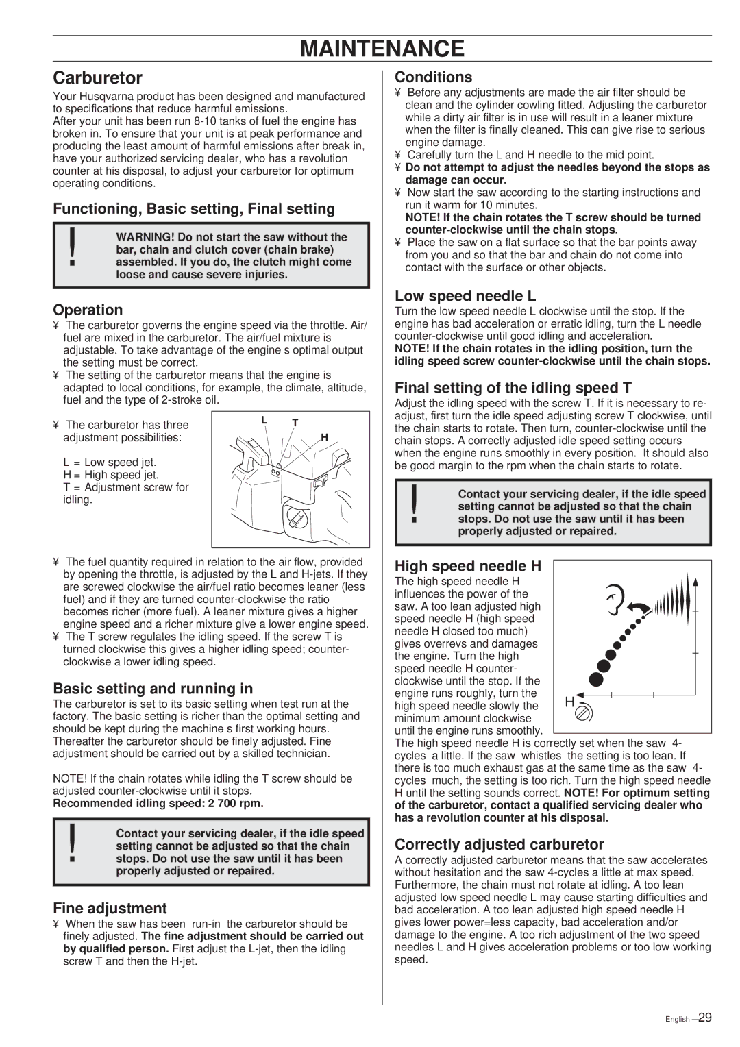 Husqvarna 261 manual Maintenance, Carburetor 