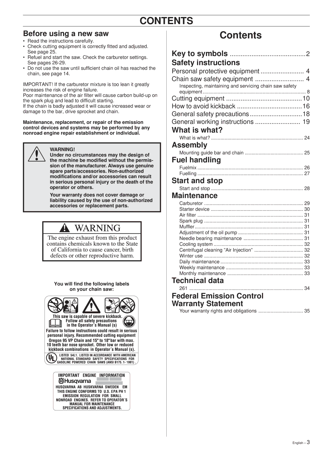 Husqvarna 261 manual Contents 