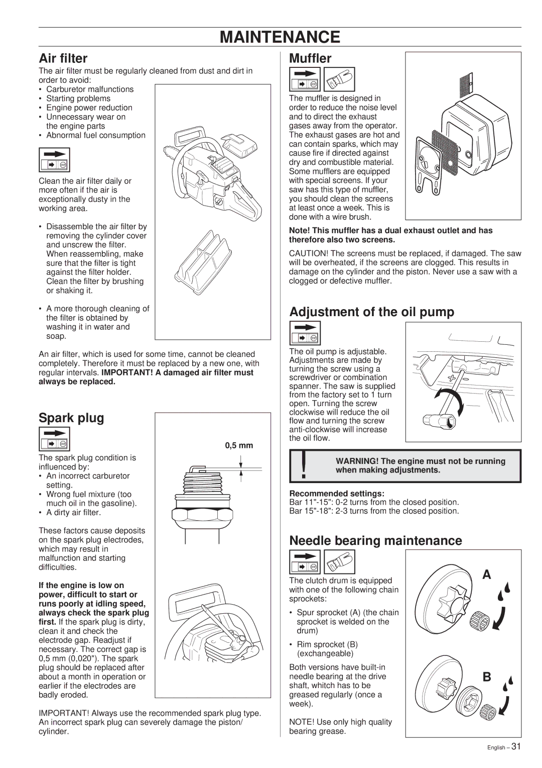 Husqvarna 261 manual Air filter, Muffler, Adjustment of the oil pump, Spark plug, Needle bearing maintenance 