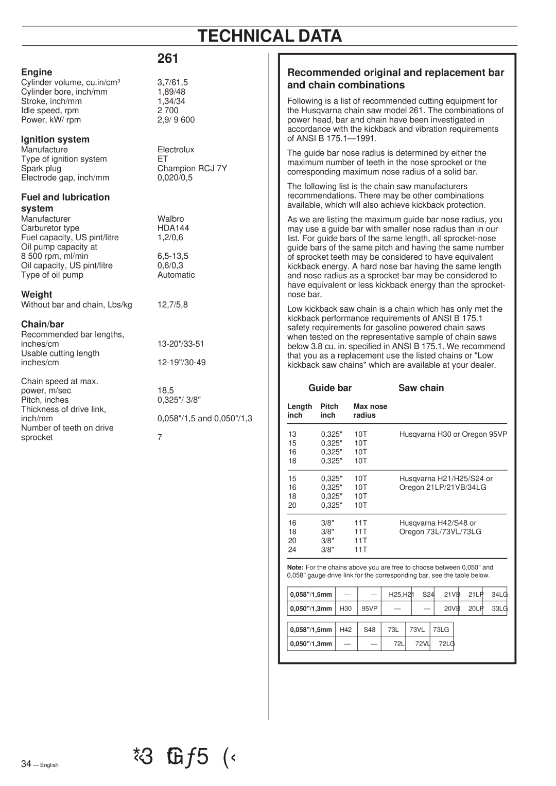 Husqvarna 261 manual Technical Data 