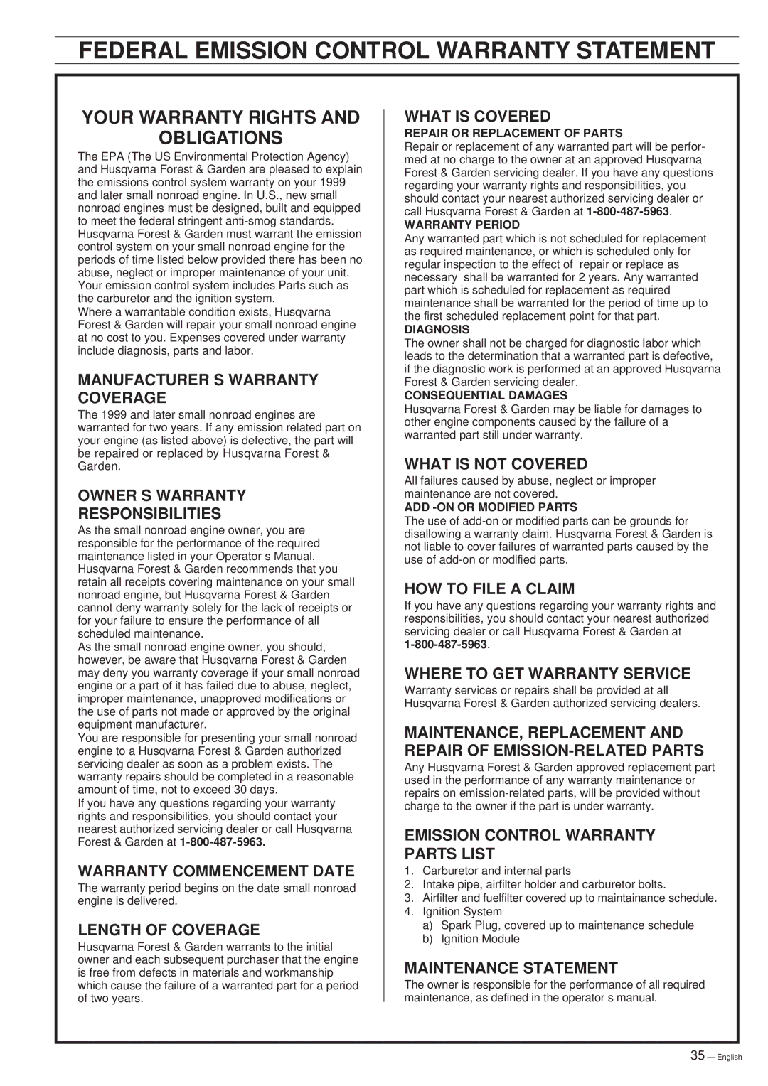 Husqvarna 261 manual Federal Emission Control Warranty Statement, Your Warranty Rights Obligations 