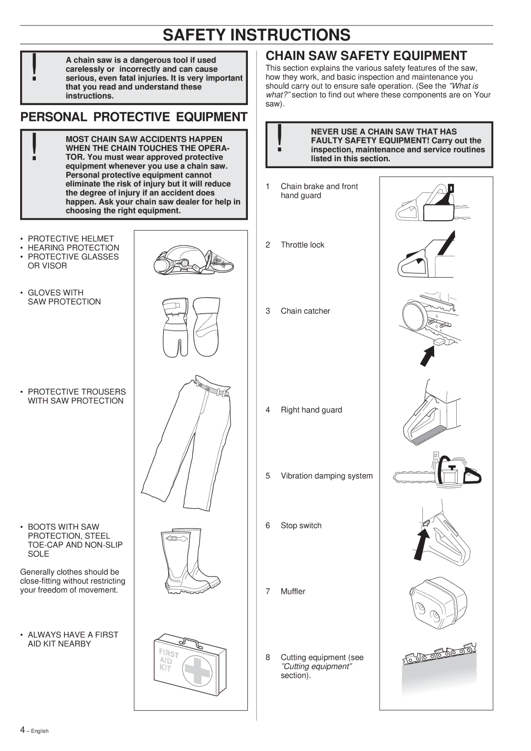 Husqvarna 261 manual Safety Instructions, Personal Protective Equipment, Chain SAW Safety Equipment 