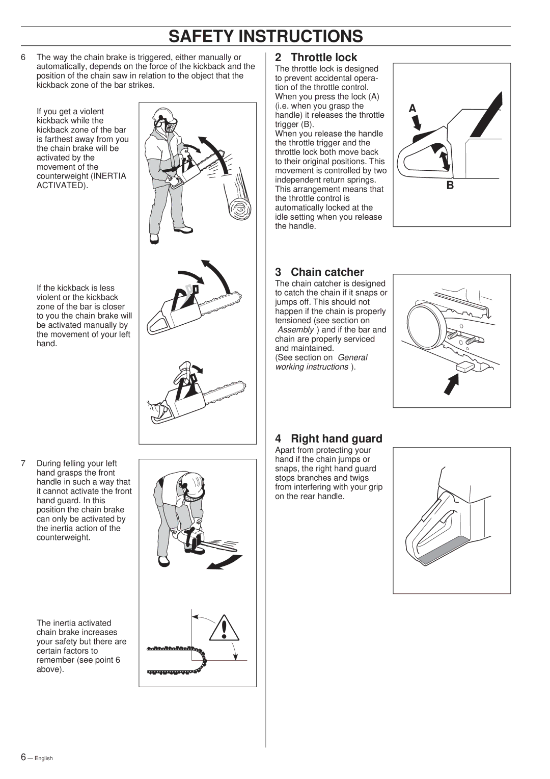 Husqvarna 261 manual Throttle lock, Chain catcher, Right hand guard 