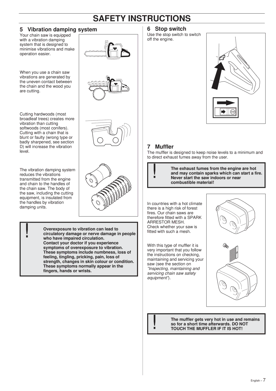 Husqvarna 261 manual Vibration damping system, Stop switch, Muffler 