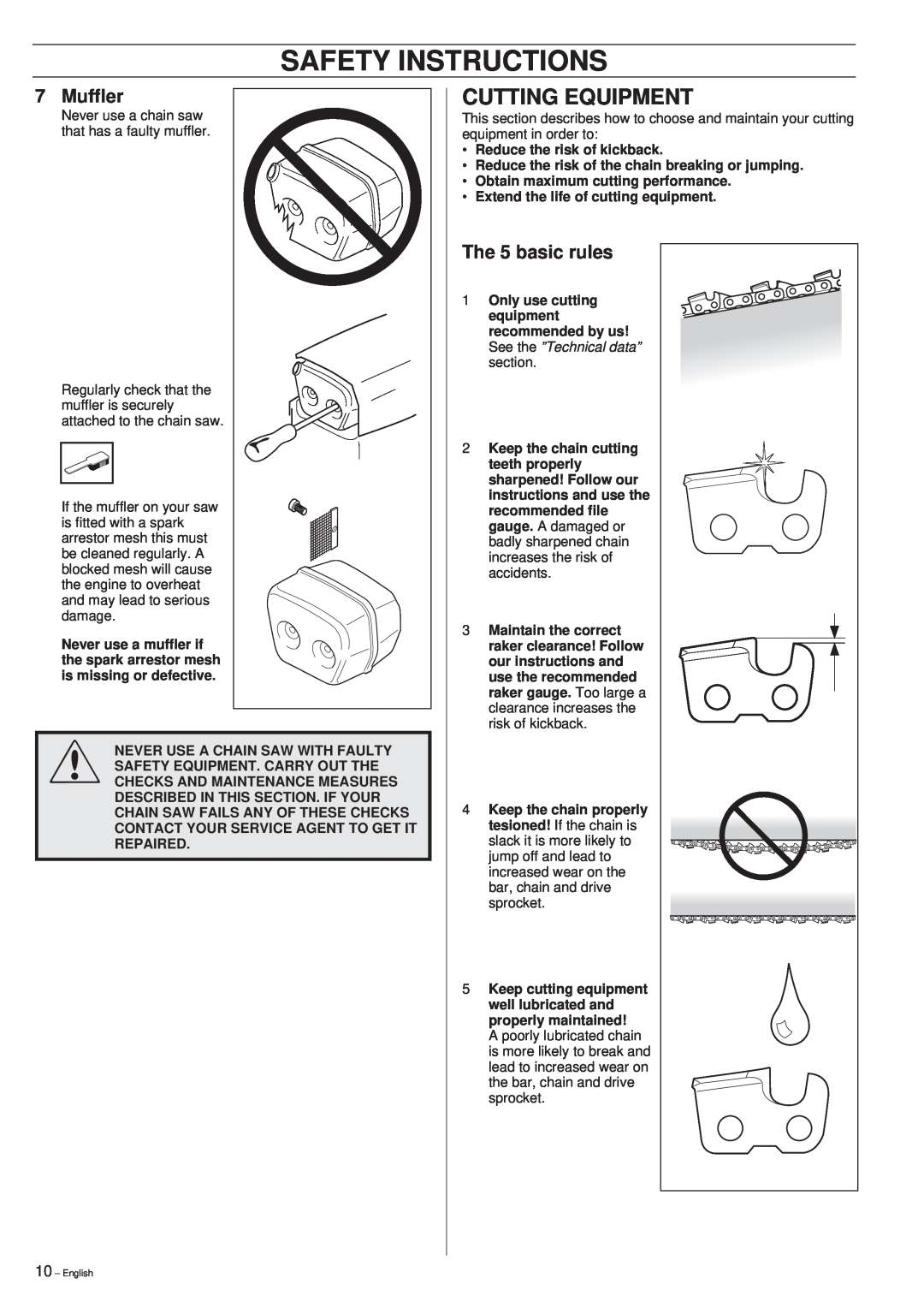 Husqvarna 261 manual Safety Instructions, Cutting Equipment, Muffler, The 5 basic rules 