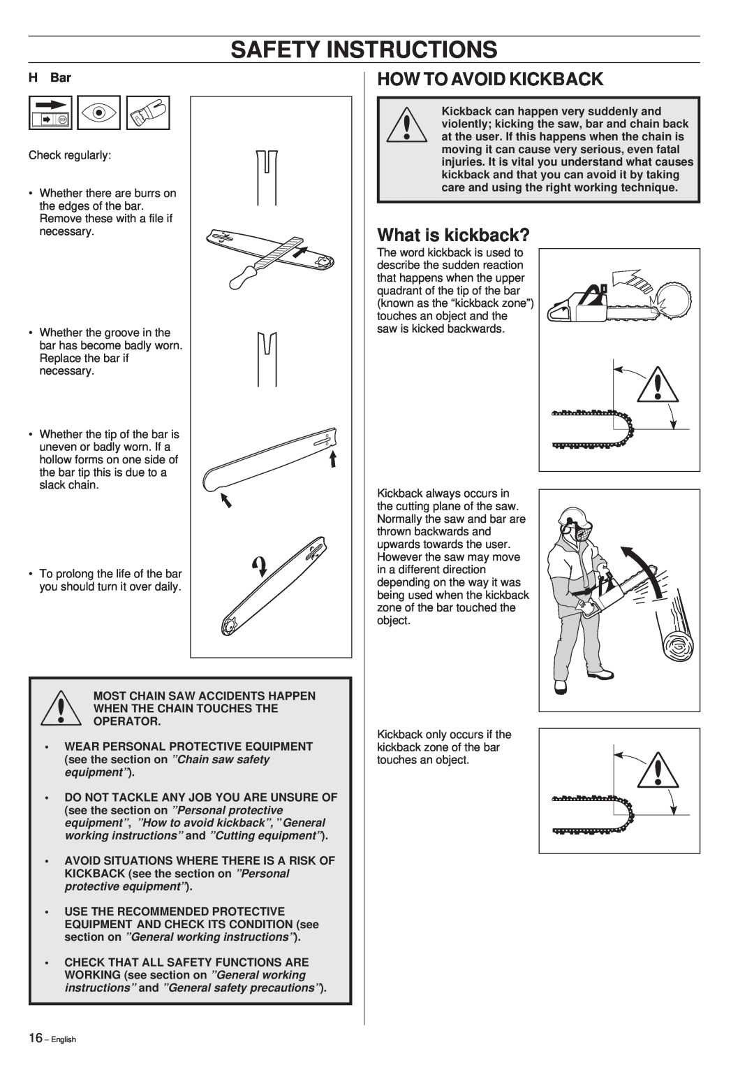 Husqvarna 261 manual Safety Instructions, How To Avoid Kickback, What is kickback?, H Bar 