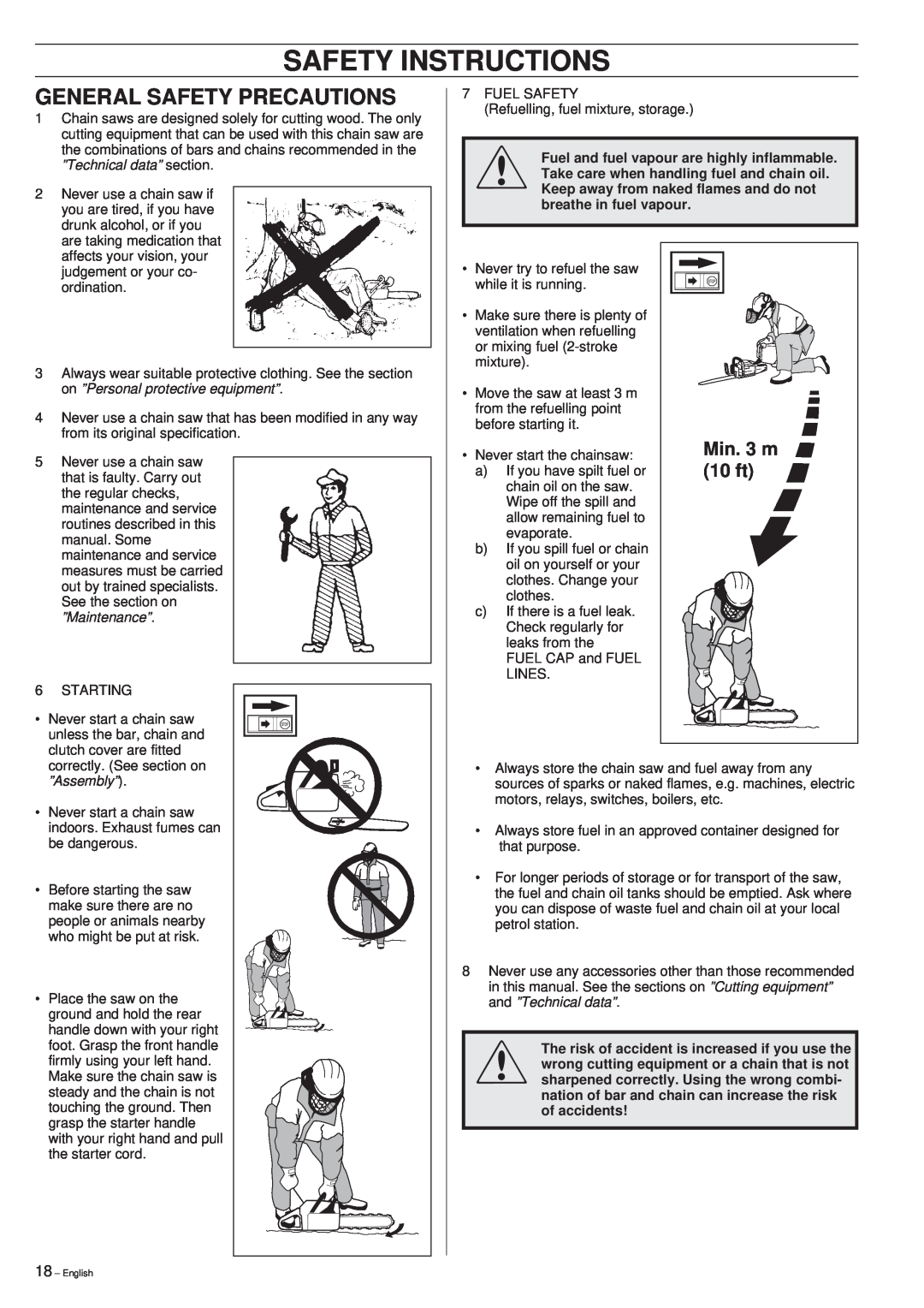 Husqvarna 261 manual Safety Instructions, Min. 3 m, 10 ft, ”Technical data” section, on ”Personal protective equipment” 