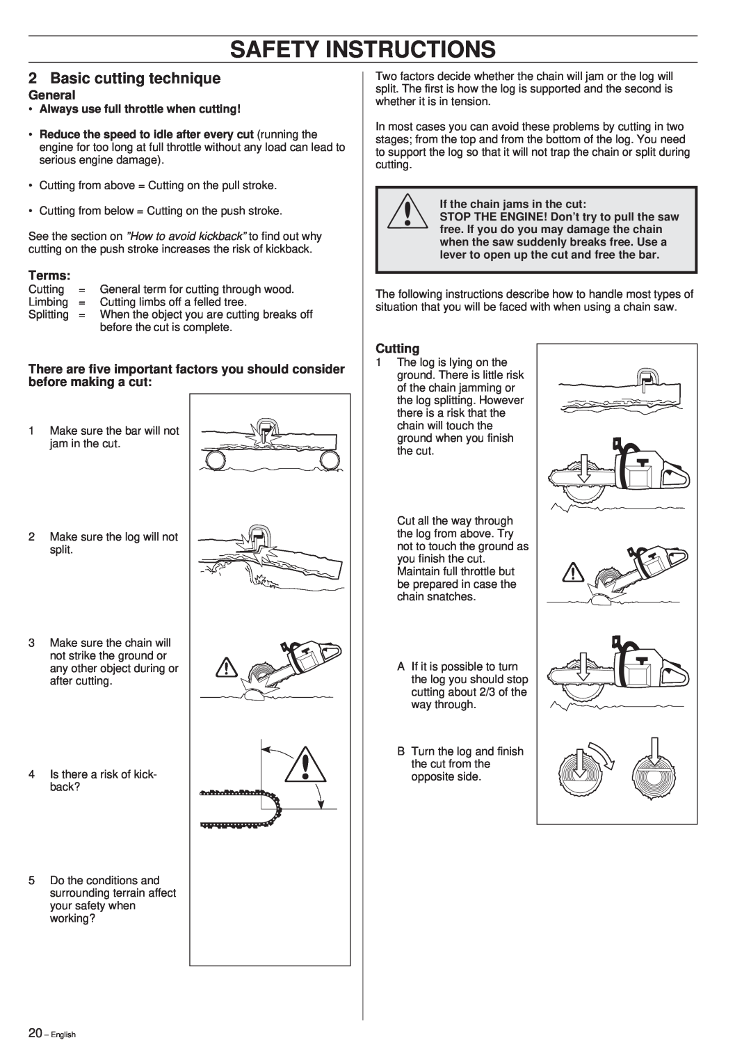 Husqvarna 261 manual Safety Instructions, Basic cutting technique, General, Terms, Cutting 