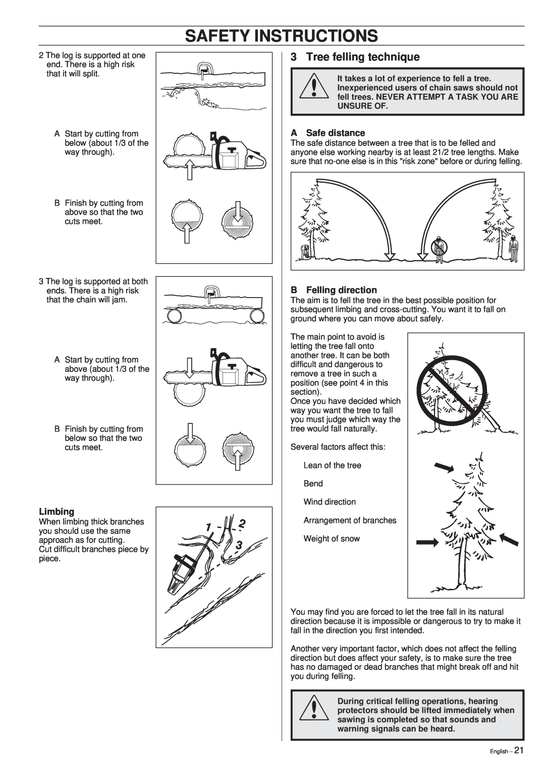 Husqvarna 261 manual Safety Instructions, Tree felling technique, A Safe distance, Limbing, B Felling direction 