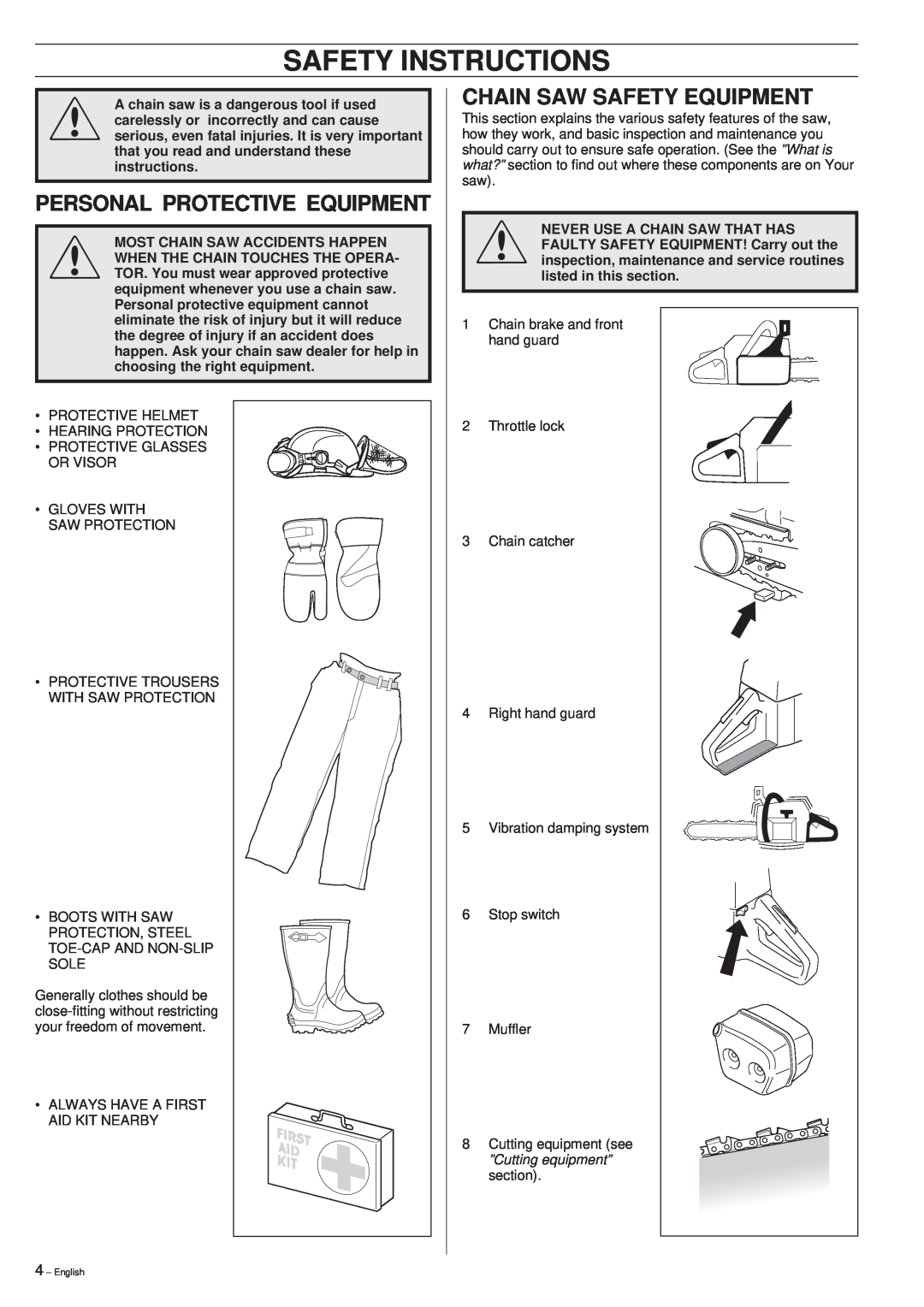Husqvarna 261 manual Safety Instructions, Personal Protective Equipment, Chain Saw Safety Equipment 