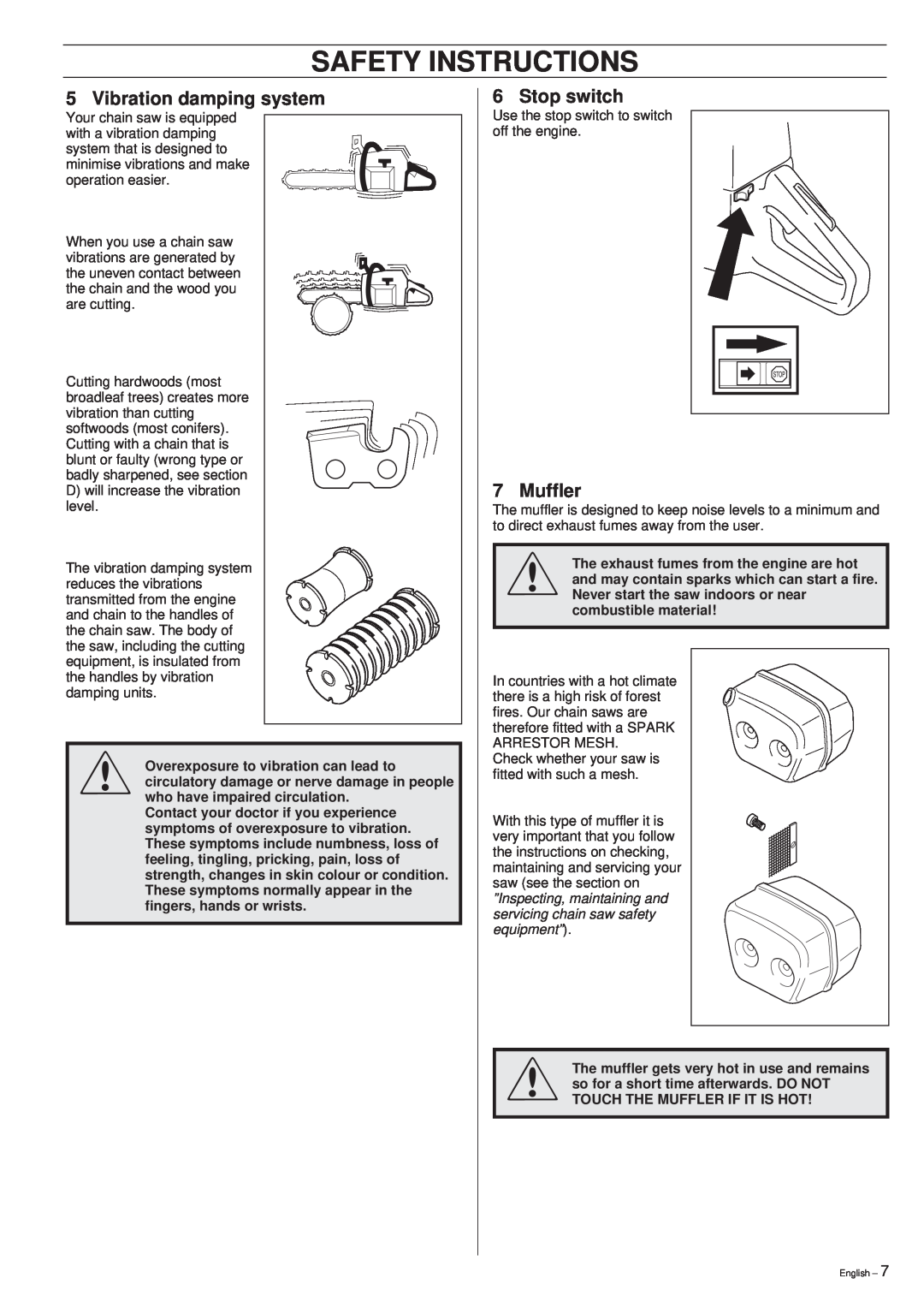 Husqvarna 261 manual Safety Instructions, Vibration damping system, Stop switch, Muffler 