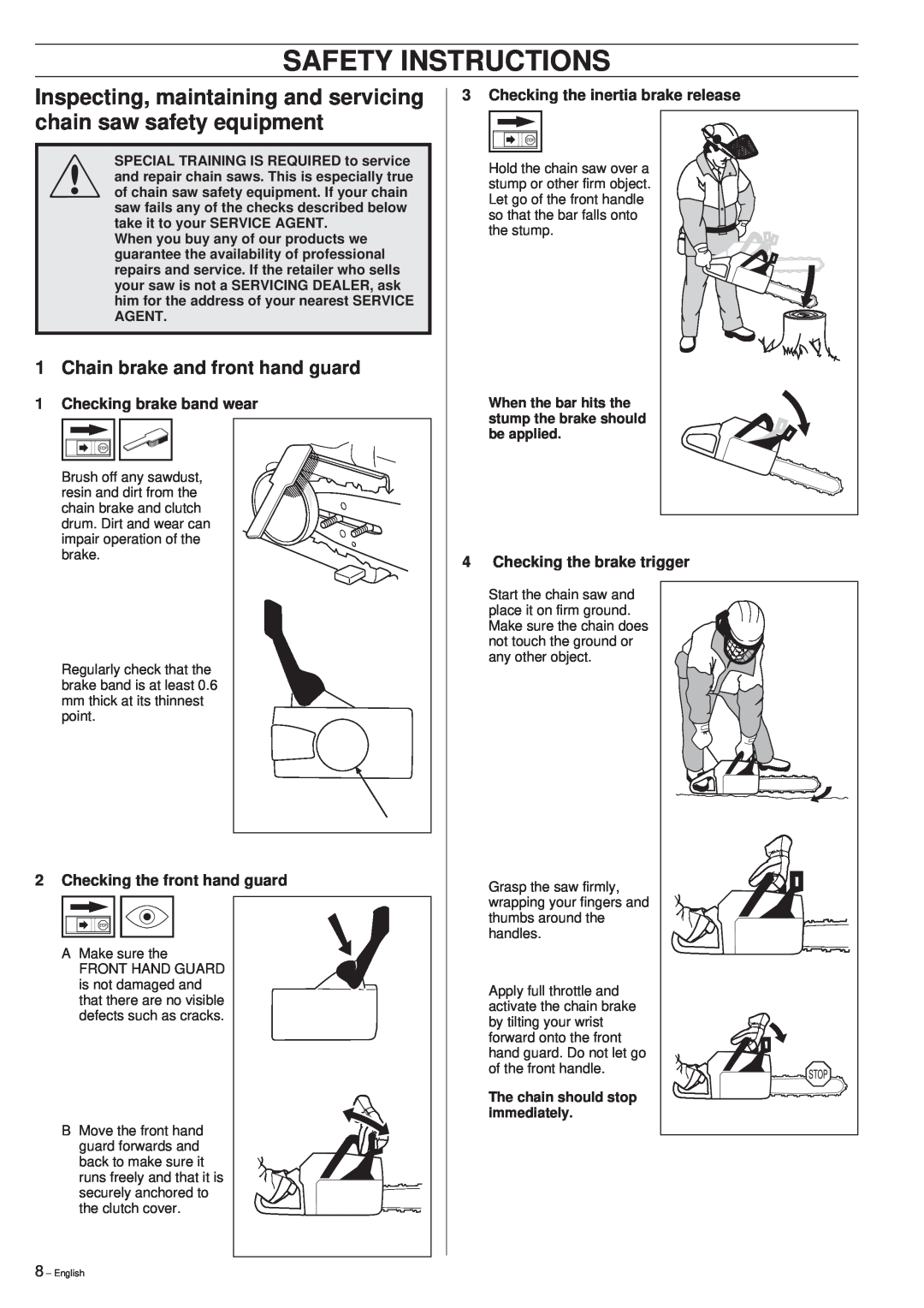 Husqvarna 261 manual Safety Instructions, Inspecting, maintaining and servicing chain saw safety equipment 