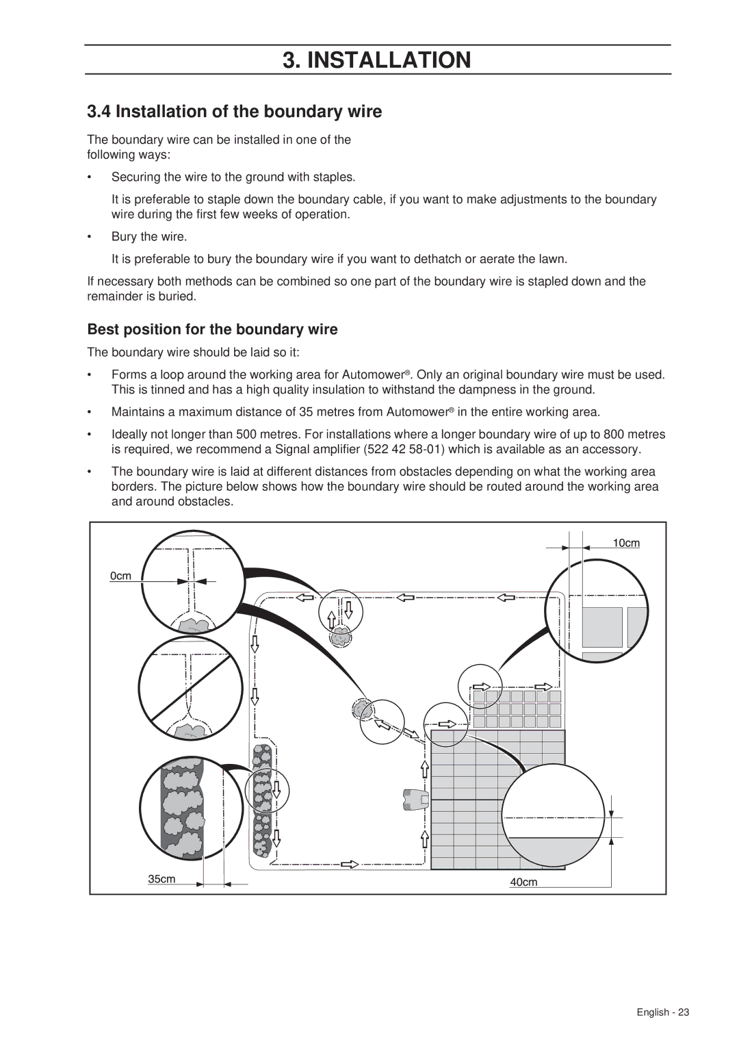 Husqvarna 265 ACX manual Installation of the boundary wire, Best position for the boundary wire 