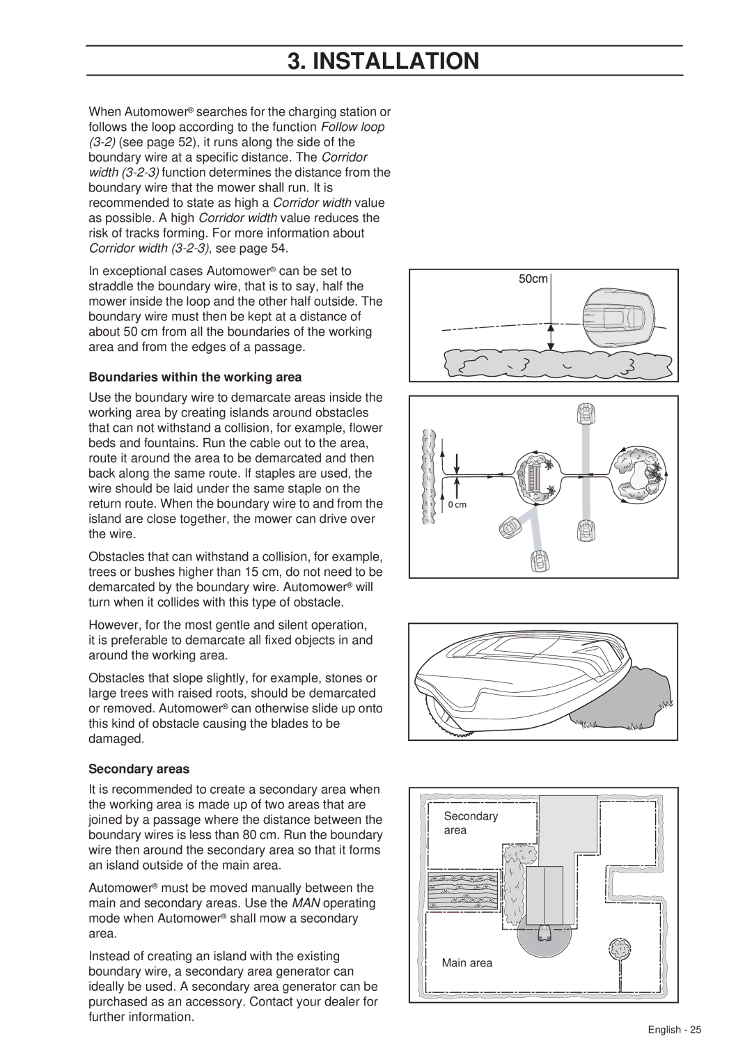 Husqvarna 265 ACX manual Boundaries within the working area, Secondary areas 