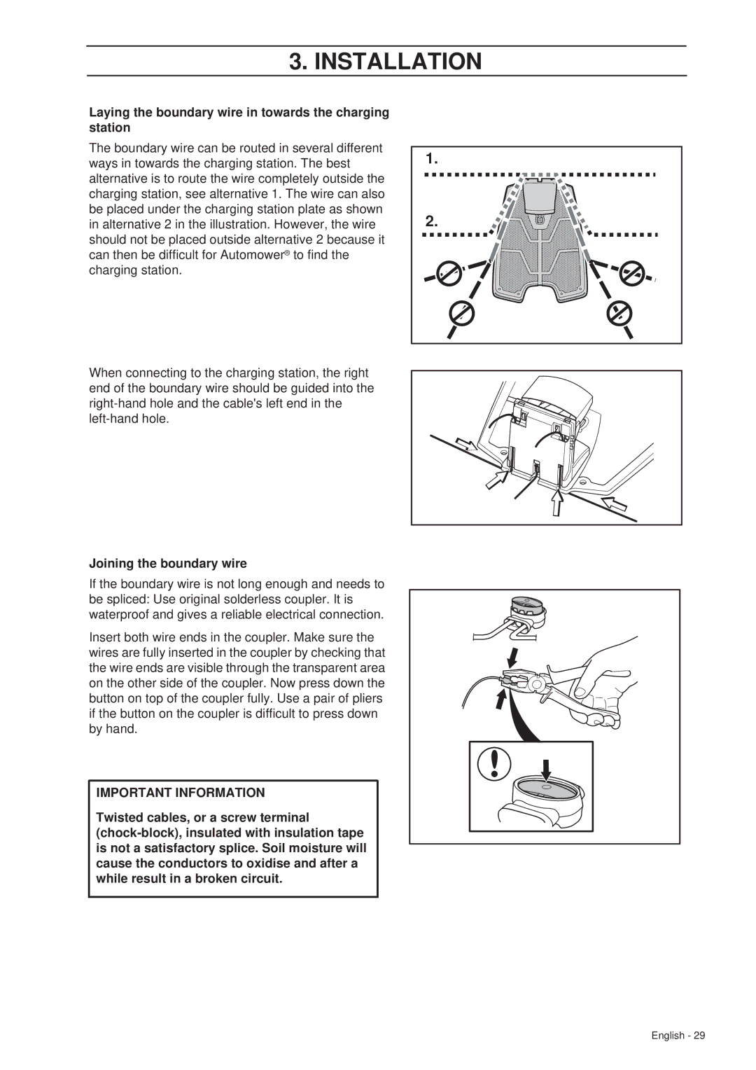 Husqvarna 265 ACX manual Laying the boundary wire in towards the charging station, Joining the boundary wire 
