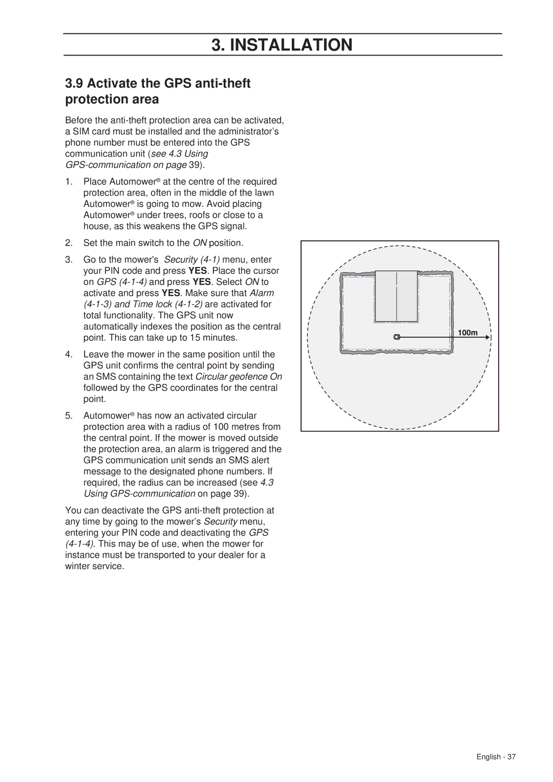 Husqvarna 265 ACX manual Activate the GPS anti-theft Protection area 