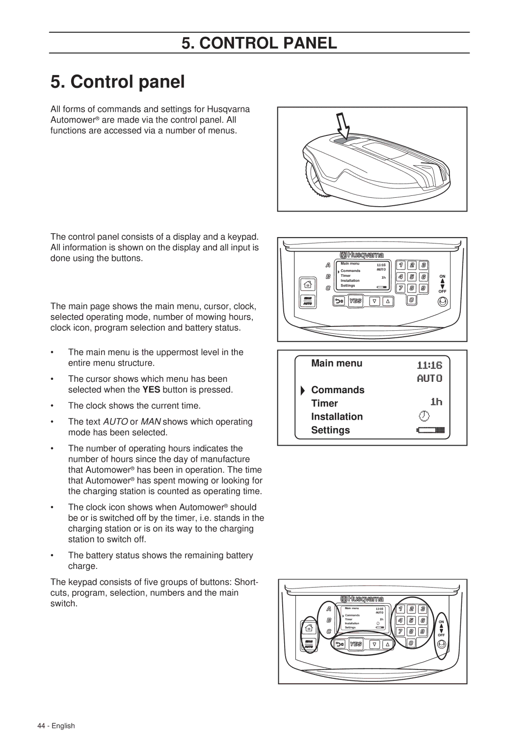 Husqvarna 265 ACX manual Control panel 