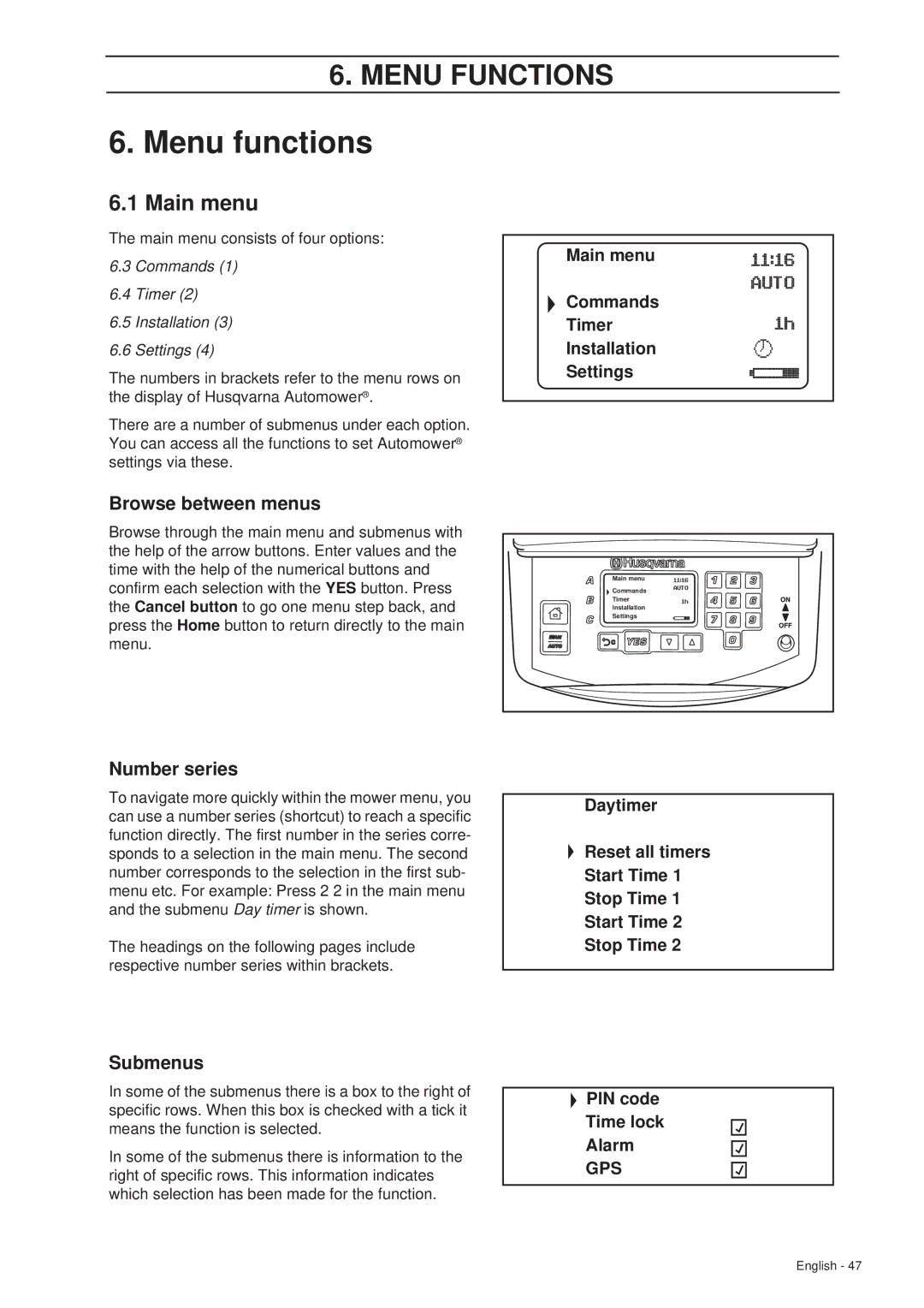 Husqvarna 265 ACX manual Menu functions, Main menu, Browse between menus, Number series, Submenus 