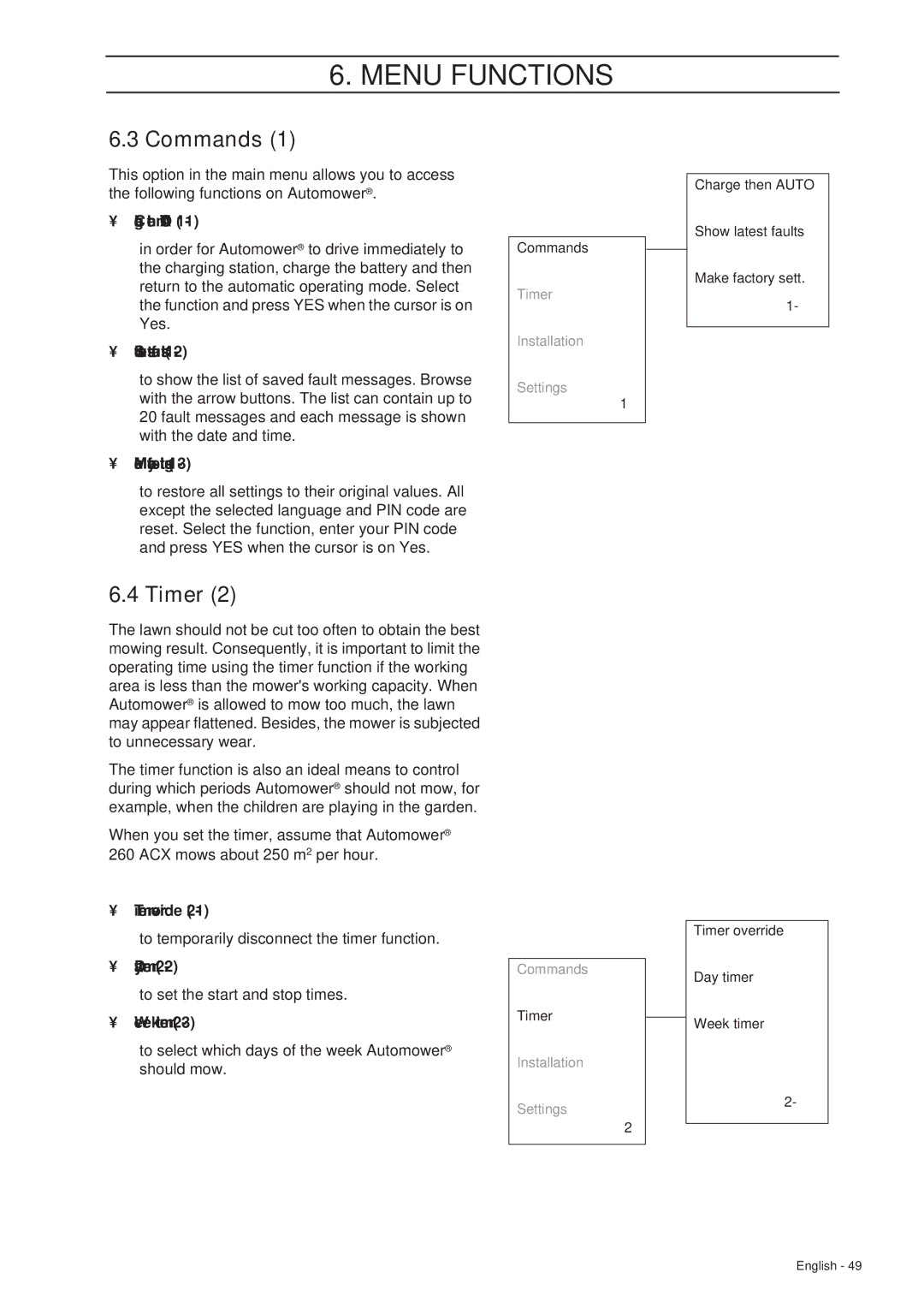 Husqvarna 265 ACX manual Commands, Timer 