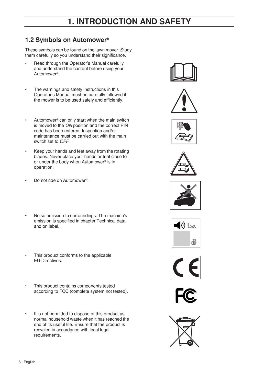 Husqvarna 265 ACX manual Symbols on Automower 