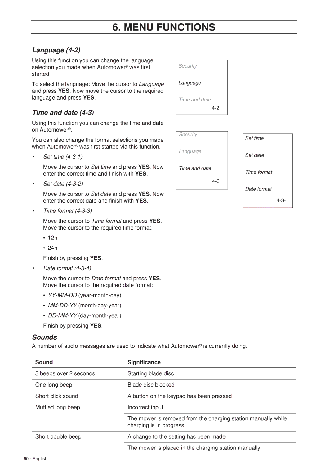 Husqvarna 265 ACX manual Set time, Set date, Time format, Date format, Sound Significance 