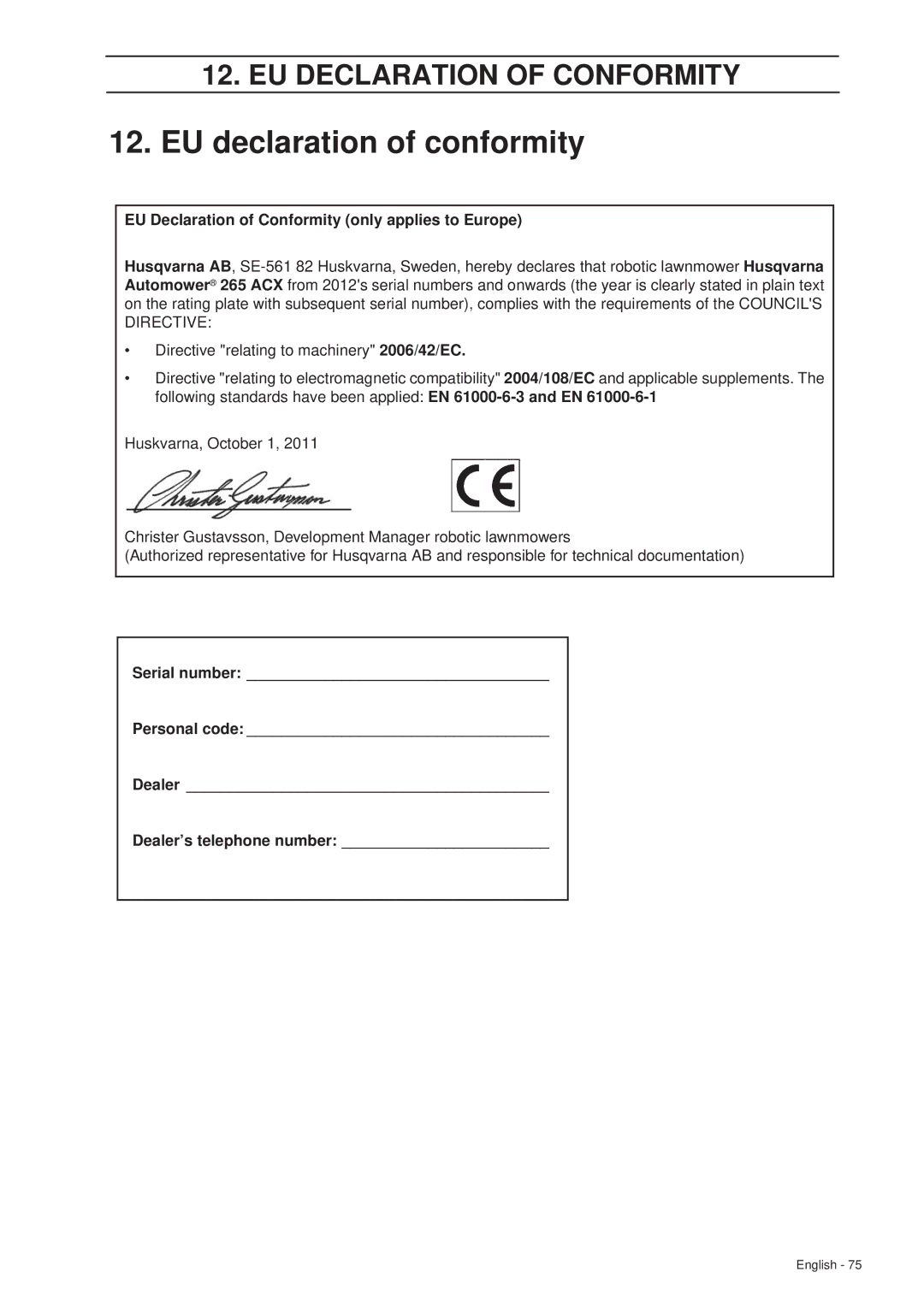 Husqvarna 265 ACX manual EU declaration of conformity, EU Declaration of Conformity only applies to Europe 