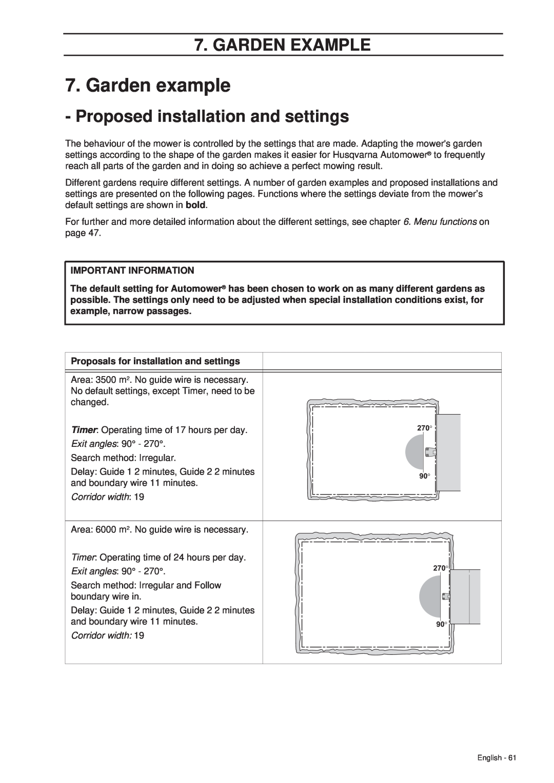 Husqvarna 265 ACX manual Garden example, Garden Example, Proposals for installation and settings, Important Information 