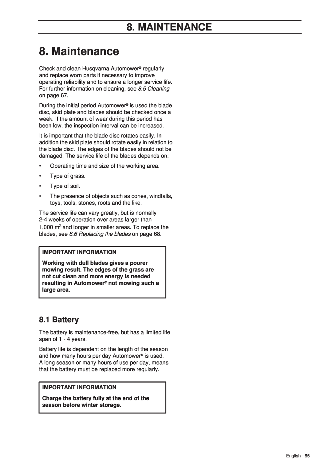 Husqvarna 265 ACX manual Maintenance, Battery, Important Information 