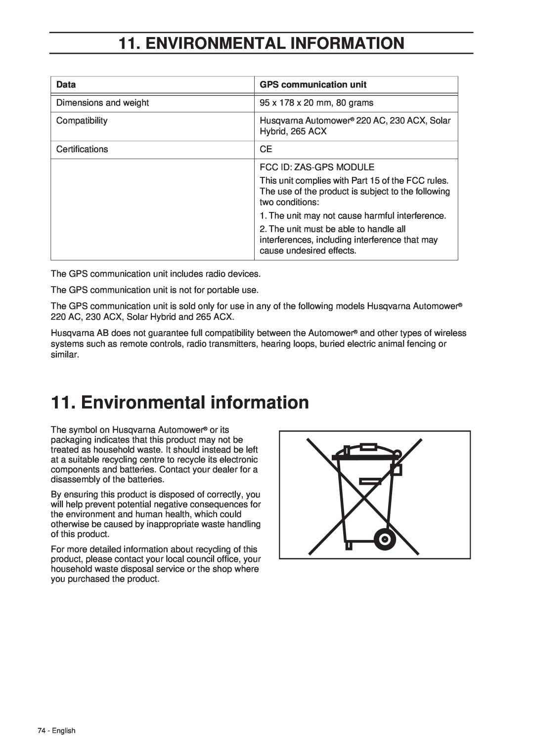 Husqvarna 265 ACX manual Environmental information, Environmental Information, Data, GPS communication unit 