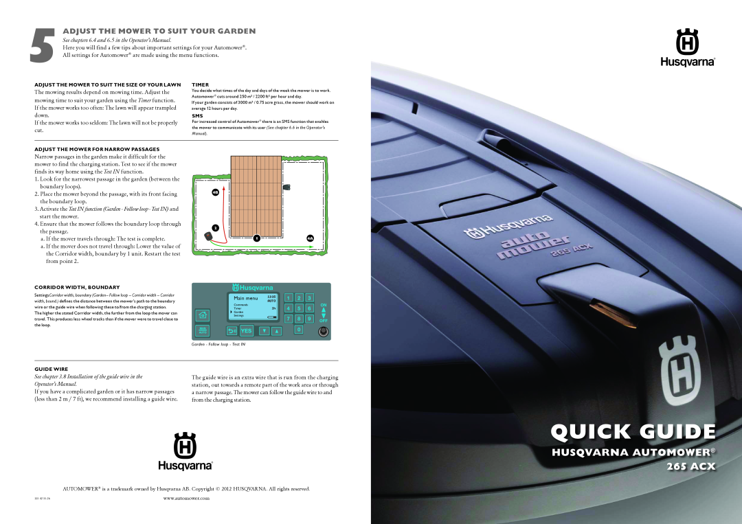 Husqvarna manual Quick Guide, HUSQVARNA AUTOMOWER 265 ACX 