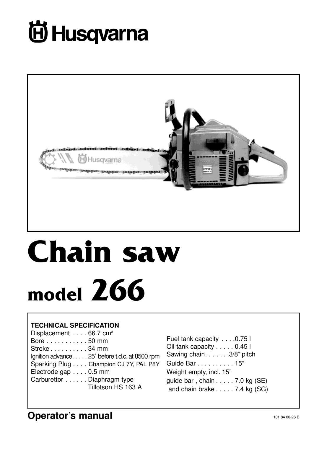 Husqvarna 266 manual Chain saw 