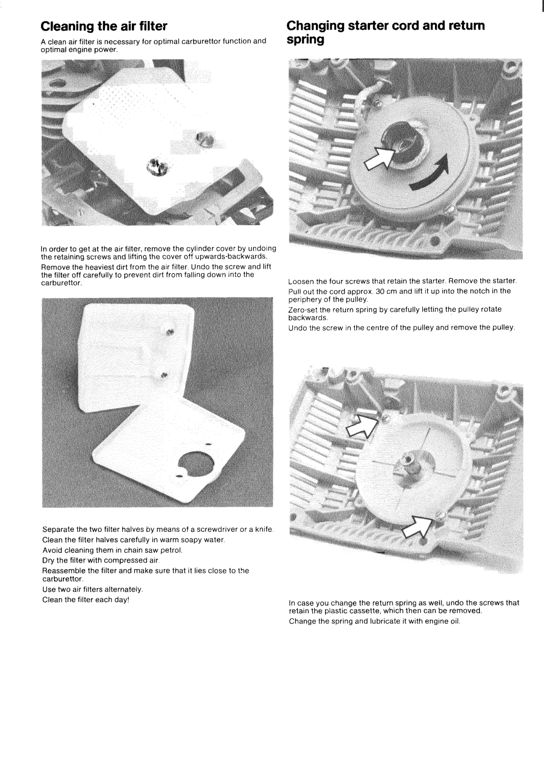 Husqvarna 266 manual Cleaning Air filter Changing starter cord and return, Spring 