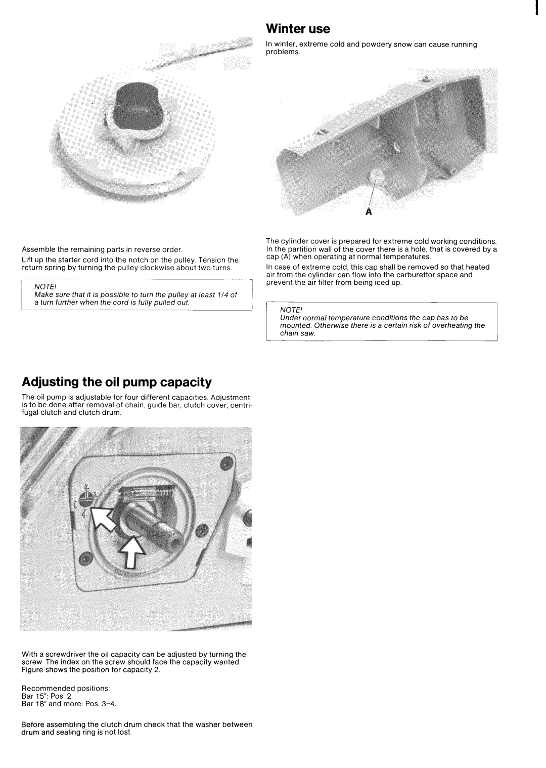 Husqvarna 266 manual Winter use, Adjusting the oil pump capacity 