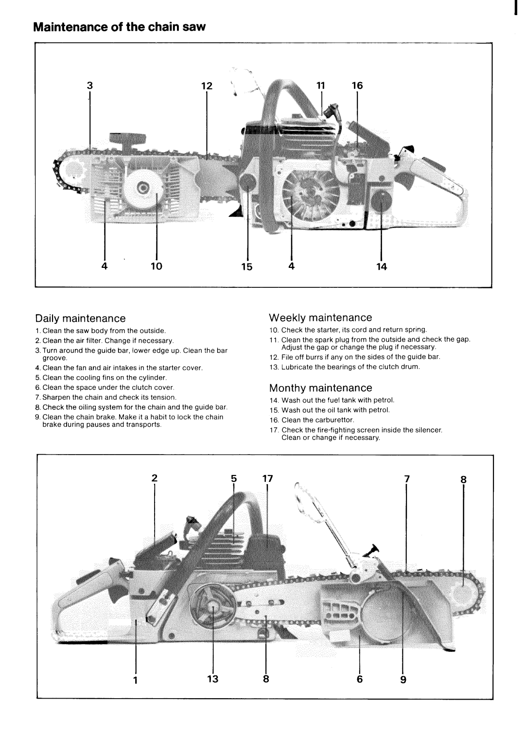 Husqvarna 266 manual Maintenance of the chain saw, Daily maintenance, Weekly maintenance, Monthy maintenance 