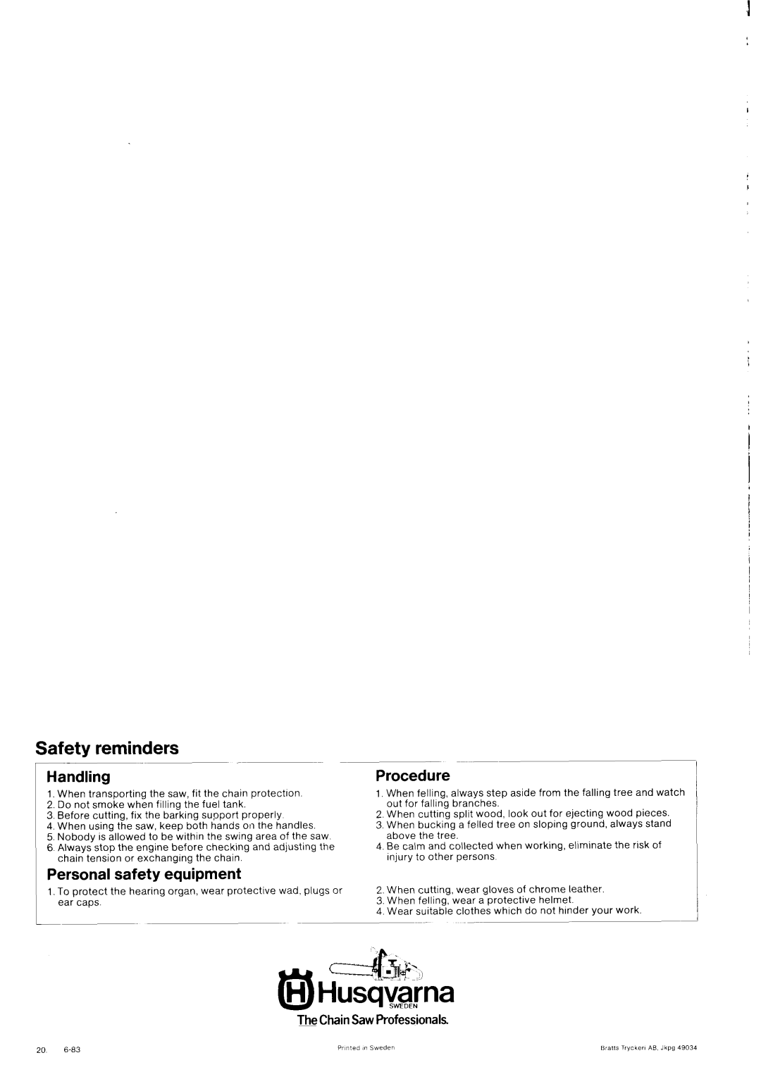 Husqvarna 266 manual Safety reminders, CzZI&iii, cH Husqvalna, Handling, Personal safety equipment, Procedure 