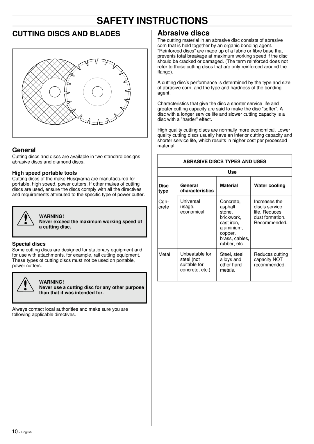 Husqvarna 268K, 272K manual Cutting Discs and Blades, Abrasive discs, High speed portable tools, Special discs 