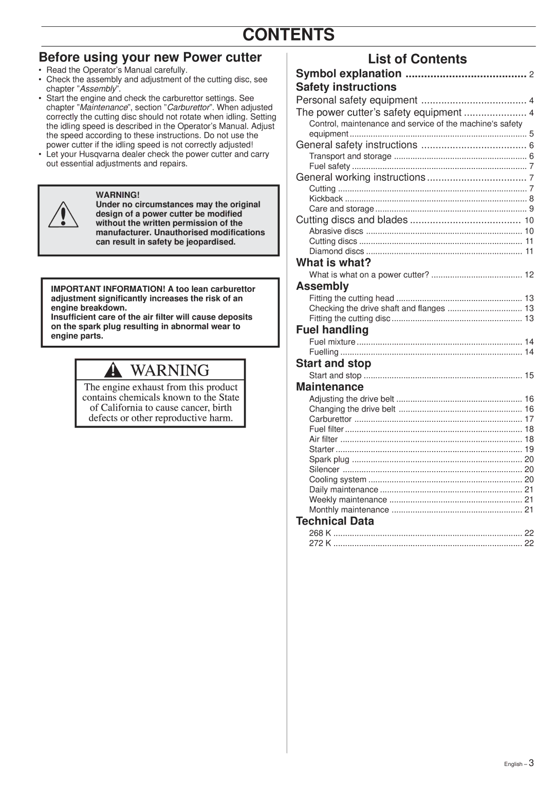 Husqvarna 268K, 272K manual Contents 