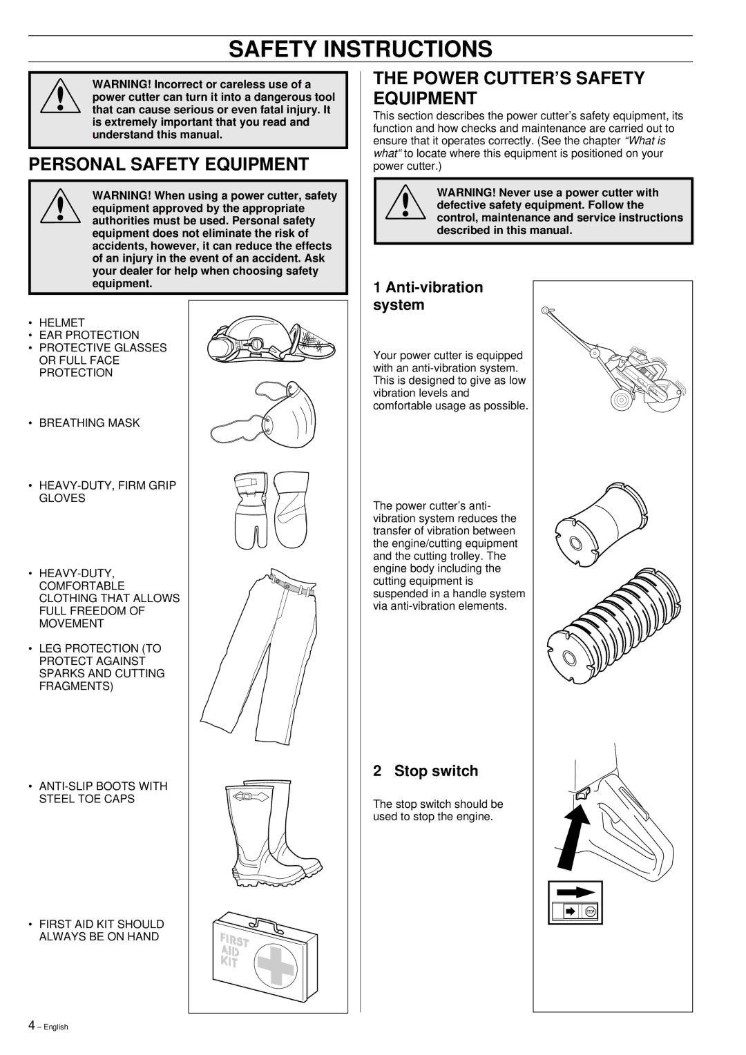 Husqvarna 268K, 272K manual Safety Instructions, Personal Safety Equipment, Power CUTTER’S Safety Equipment, Stop switch 